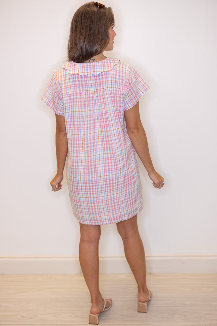 pastel colorful plaid print scallop collar mini dress back view