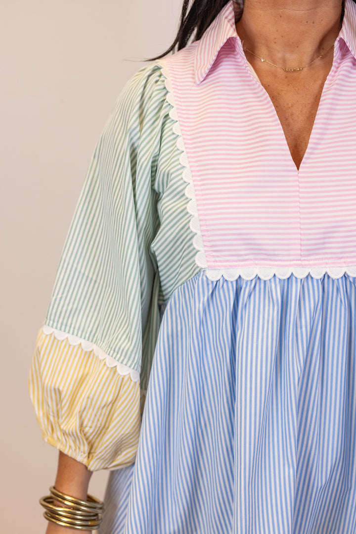 pastel stripe seersucker babydoll dress