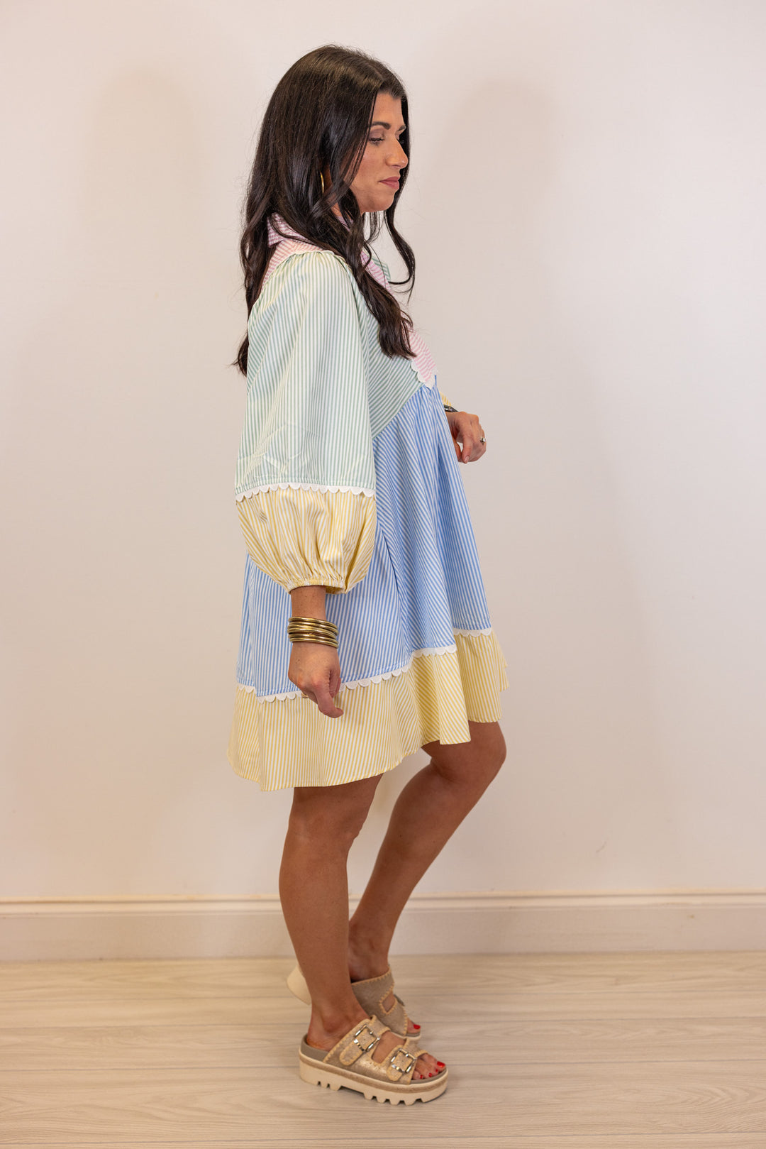 pastel stripe seersucker babydoll dress