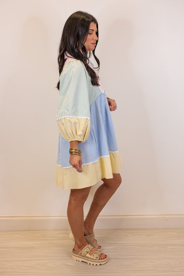 pastel stripe seersucker babydoll dress