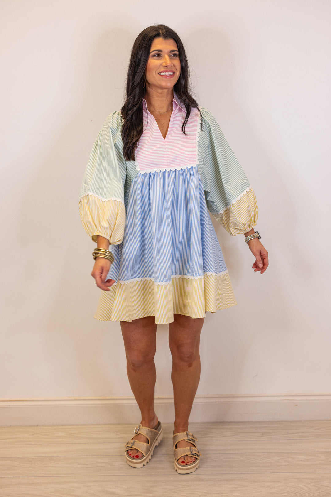 pastel stripe seersucker babydoll dress