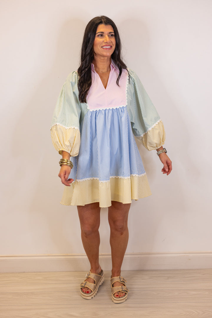 pastel stripe seersucker babydoll dress