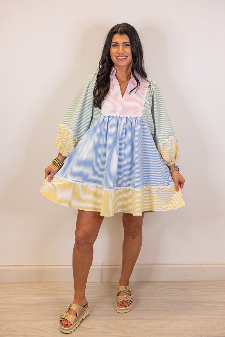 pastel stripe seersucker babydoll dress