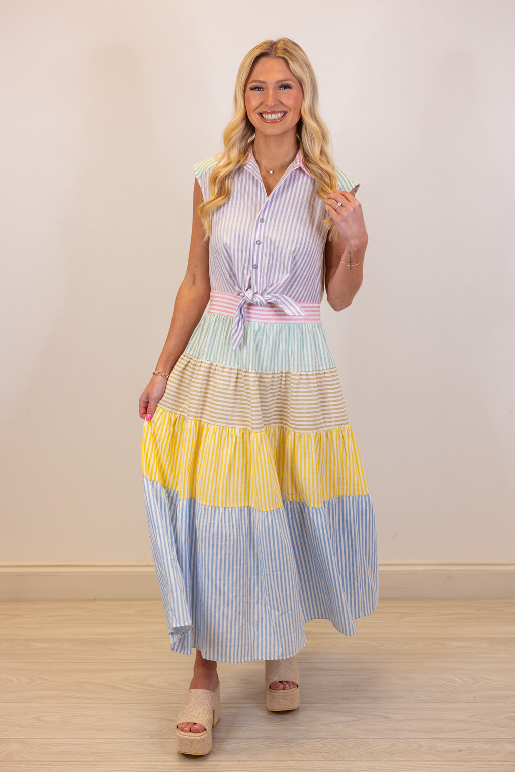 pastel seersucker stripe midi dress