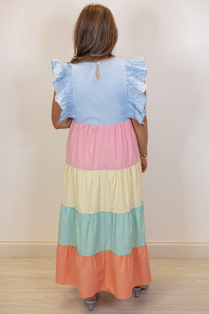 pastel seersucker stripe tiered midi dress
