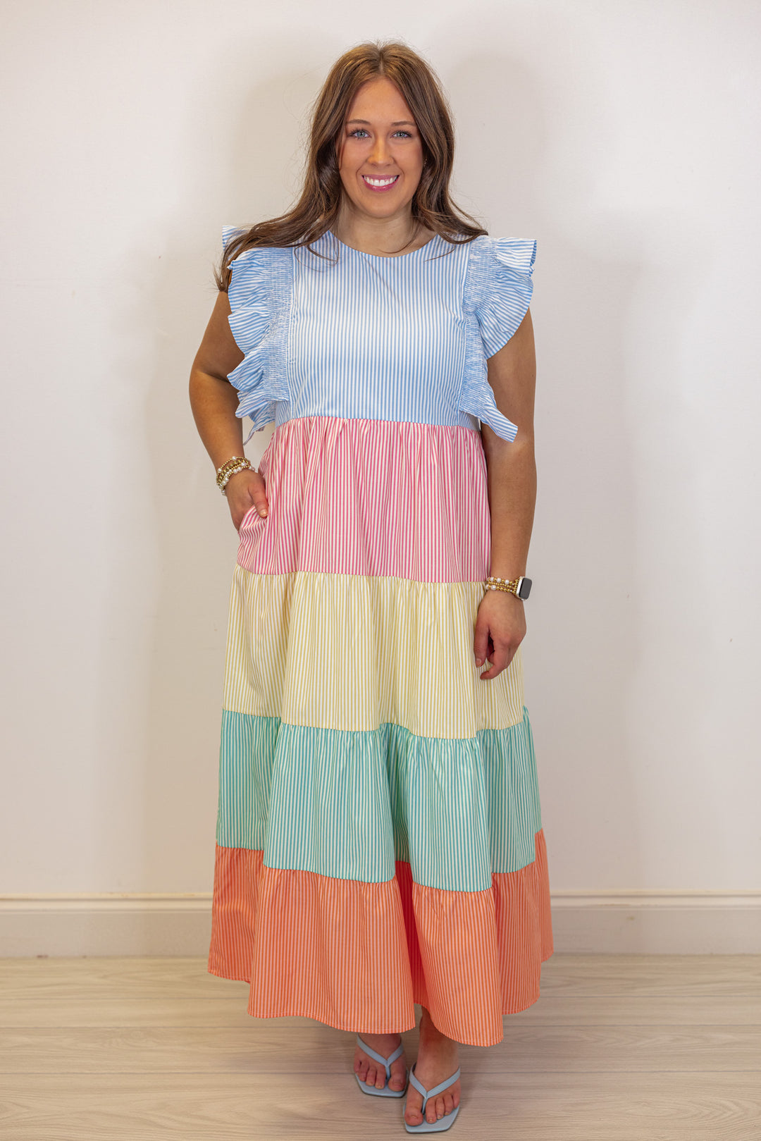 pastel seersucker stripe tiered midi dress