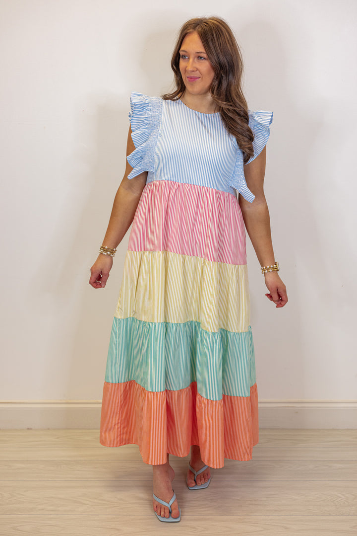 pastel seersucker stripe tiered midi dress