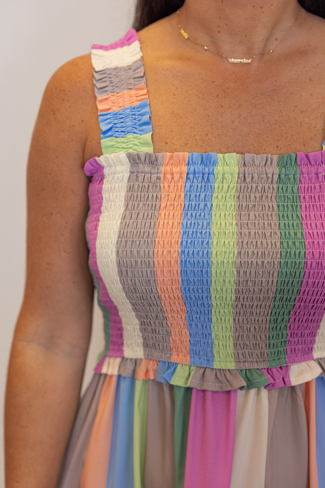 pastel stripe smocked chest midi dress