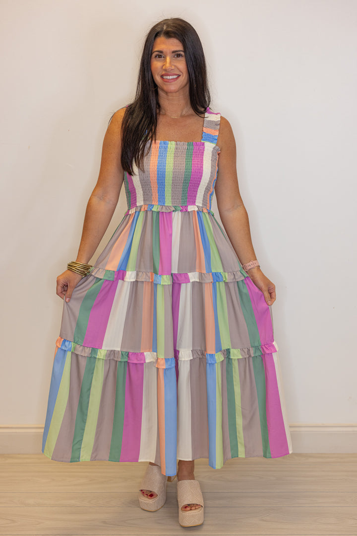 pastel stripe smocked chest midi dress