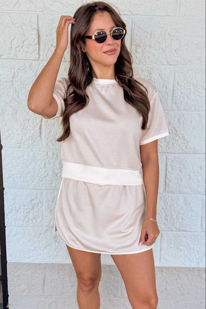 beige with pale pink trim details short sleeve crew neckline knit loungewear top