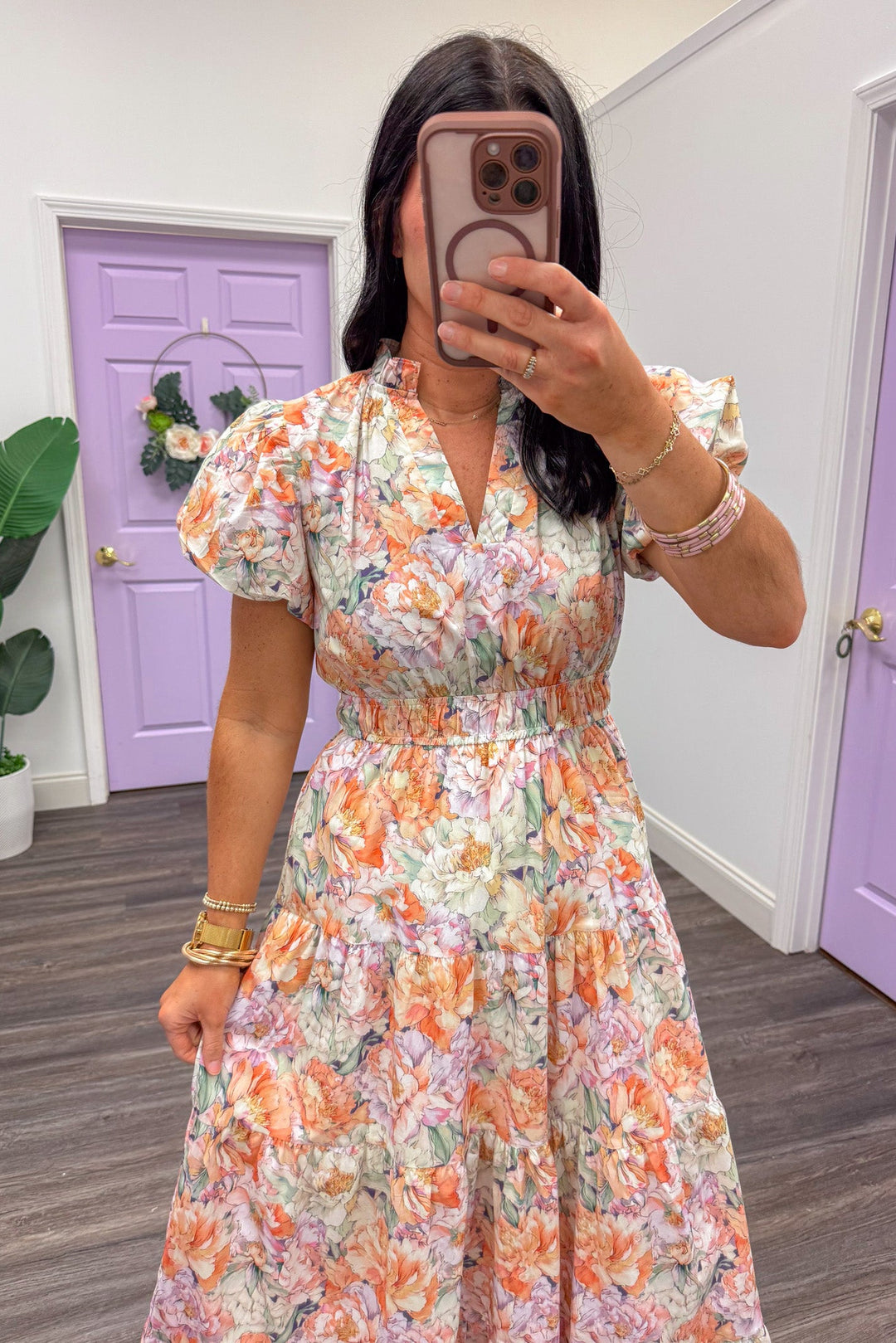 peach floral print smocked waist midi dress