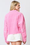 Peach Love California Pink corduroy cropped jacket with beaded pearl bow ties