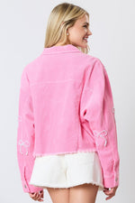 Peach Love California Pink corduroy cropped jacket with beaded pearl bow ties