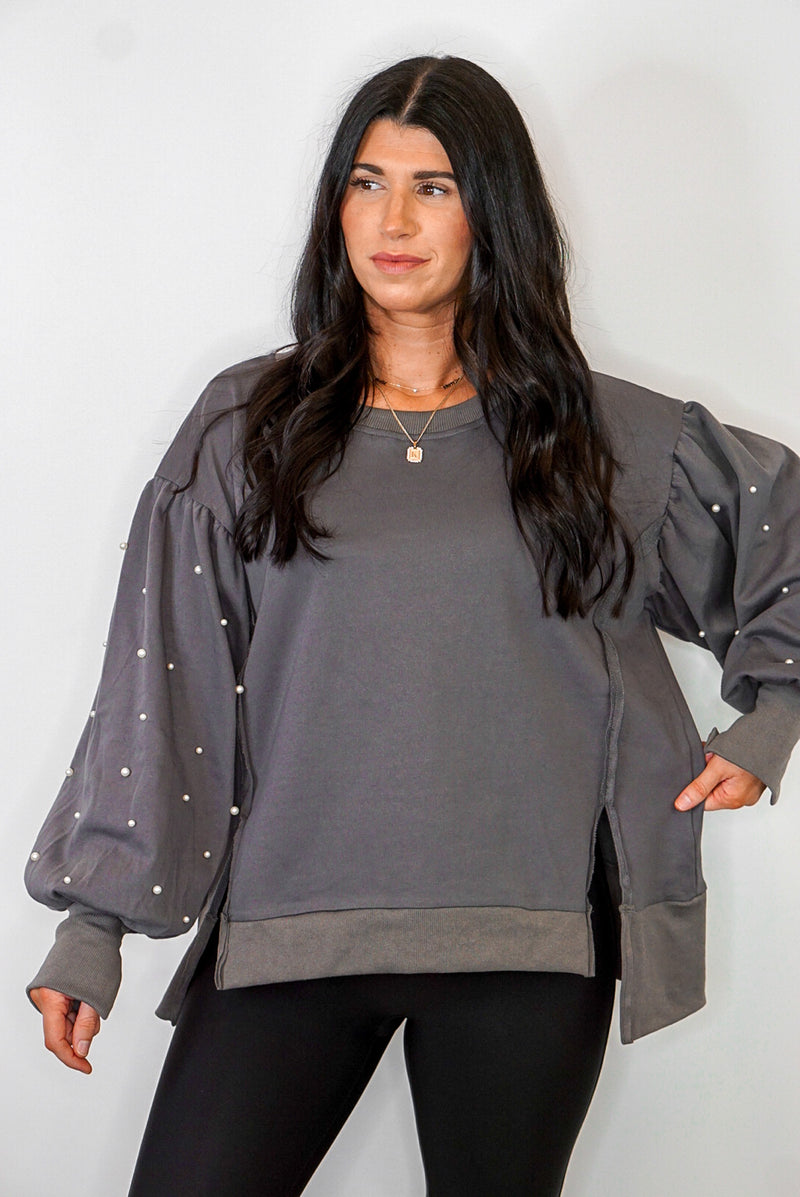 pearl sleeve charcoal sweatshirt