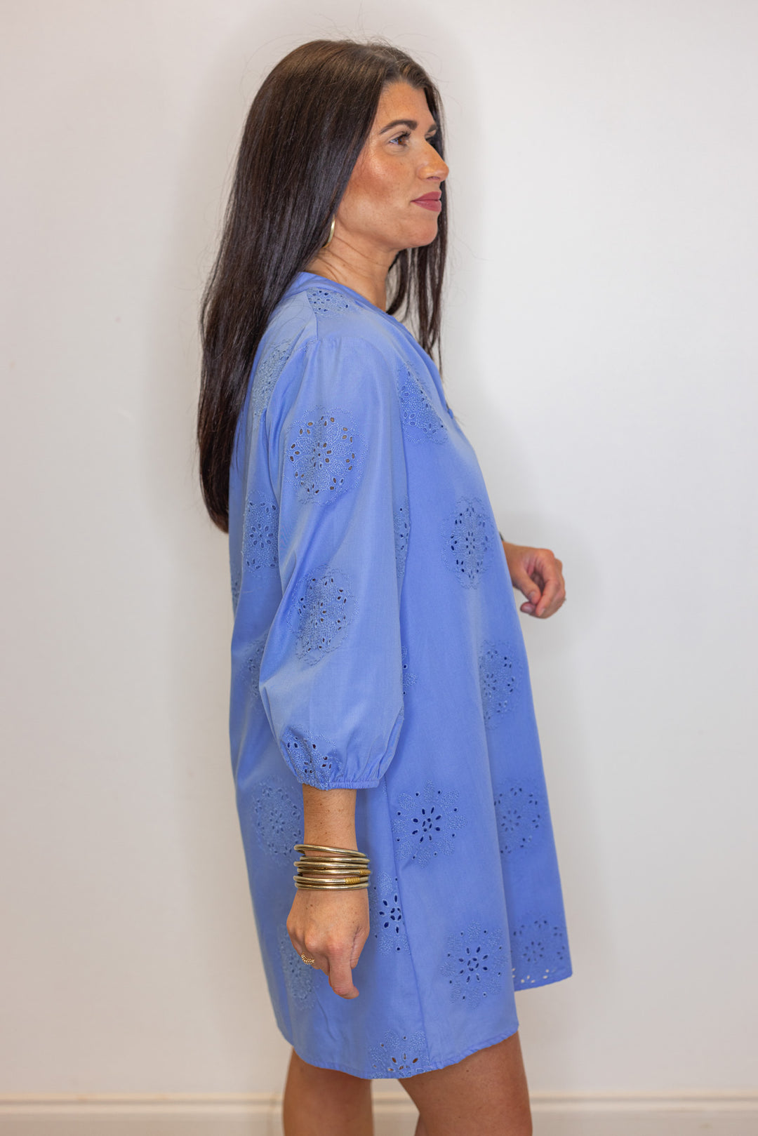 blue eyelet detail shift dress