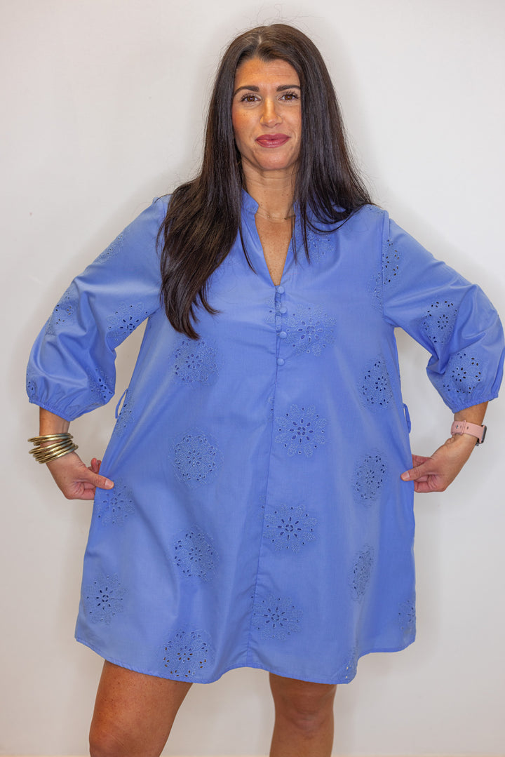 blue eyelet detail shift dress