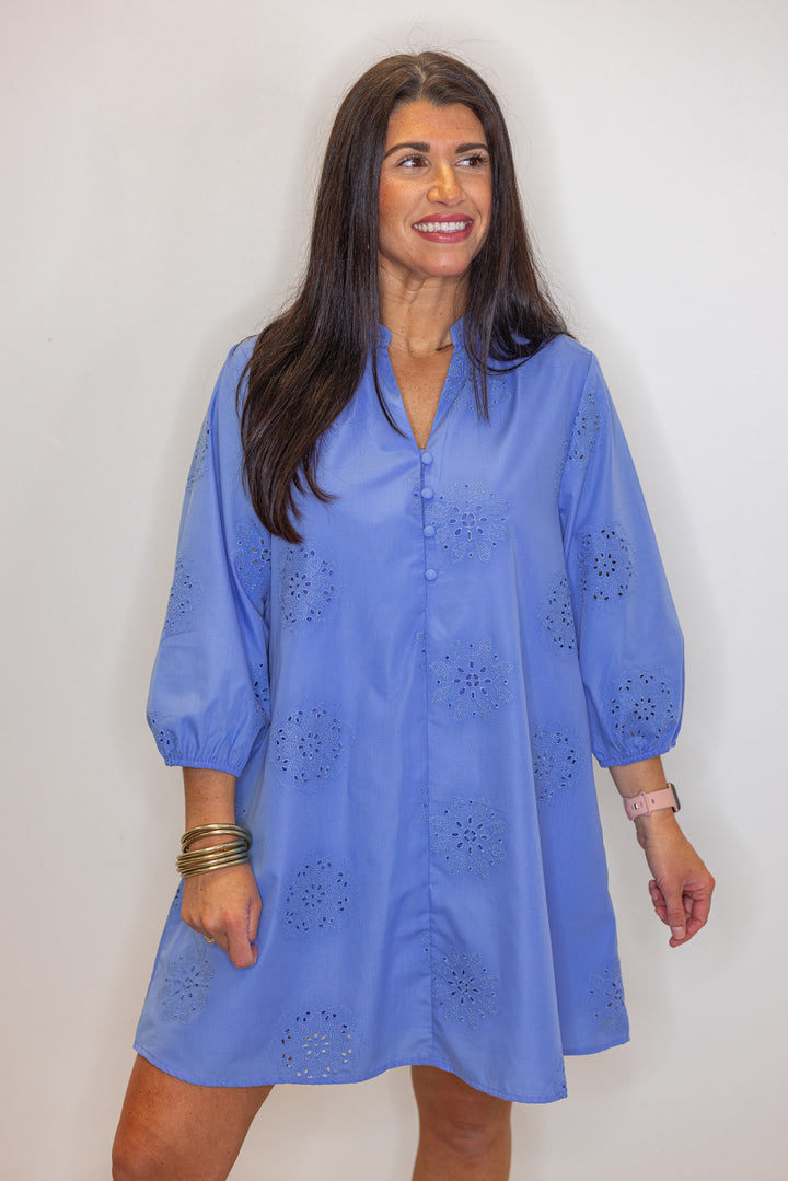 blue eyelet detail shift dress