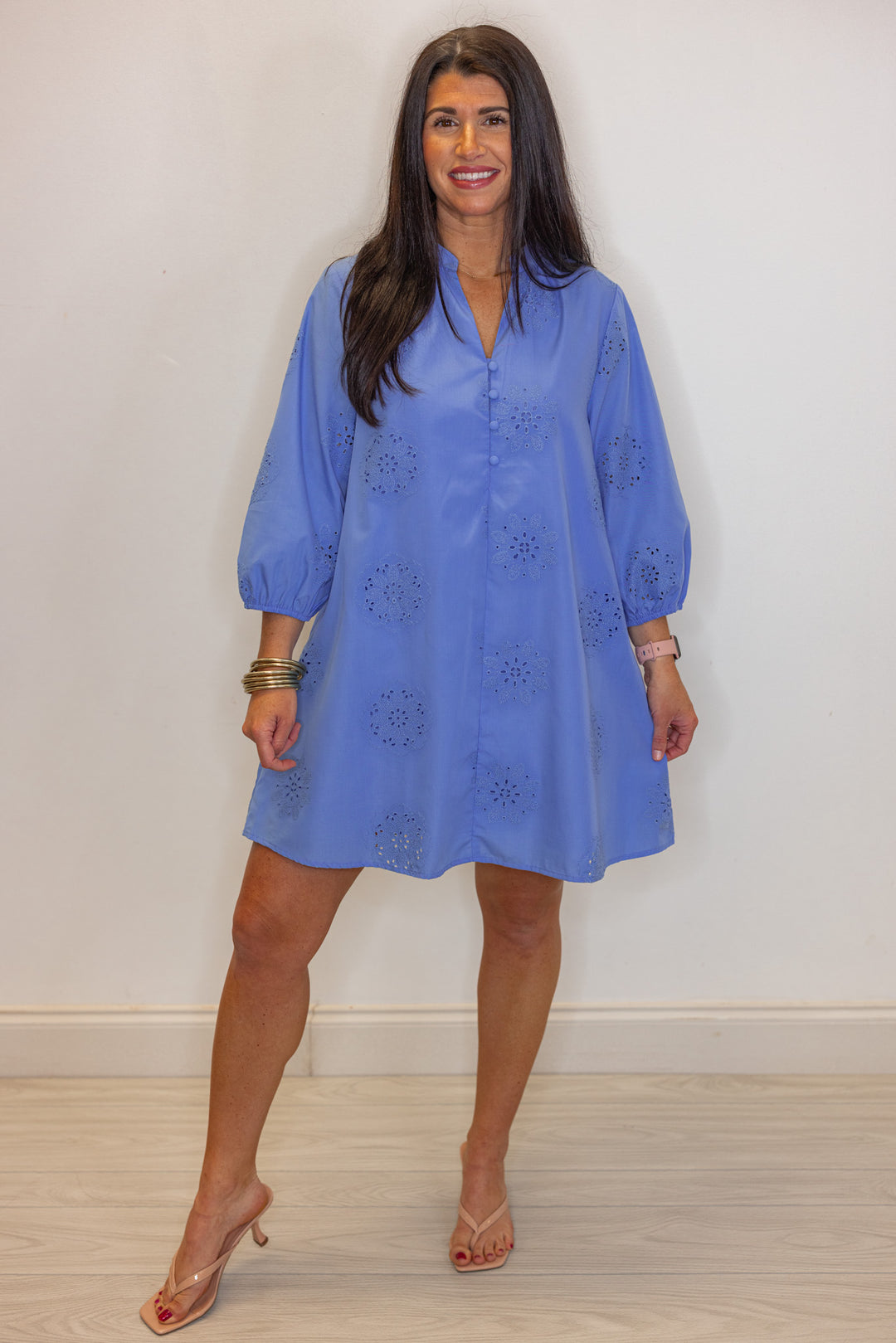 blue eyelet detail shift dress