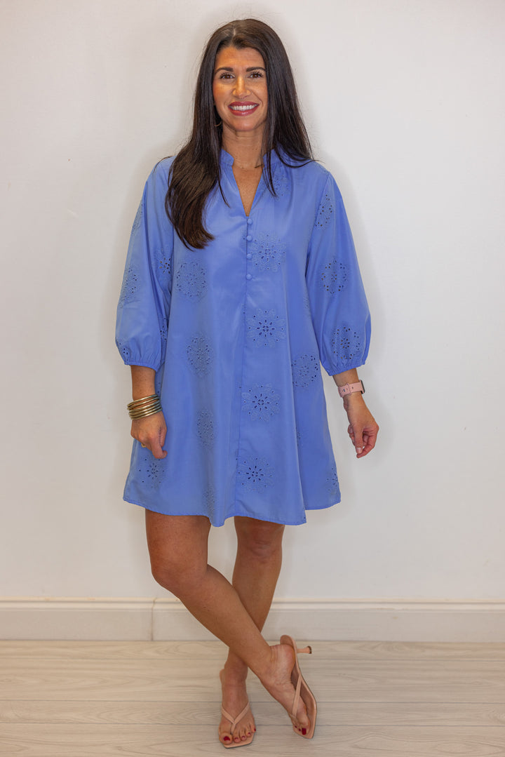blue eyelet detail shift dress