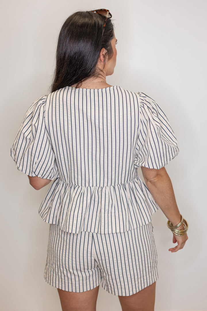 classy pin stripe bow detail peplum top