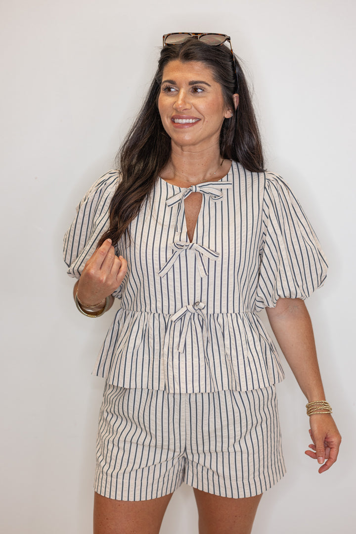 pin stripe drawstring shorts set