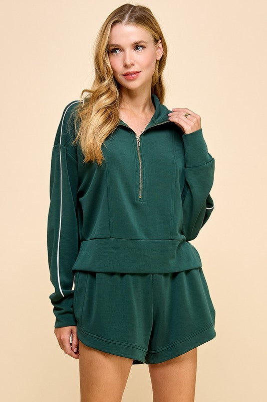 Pretty Follies Pine green soft knit quarter zip semi-cropped pullover top with cream trim