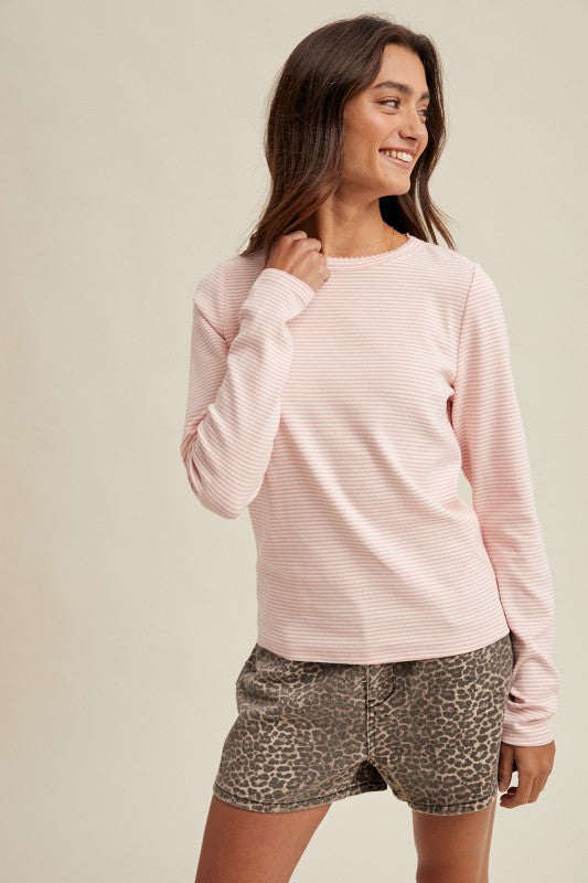 Women's pink and white striped knit long sleeve top by Wishlist