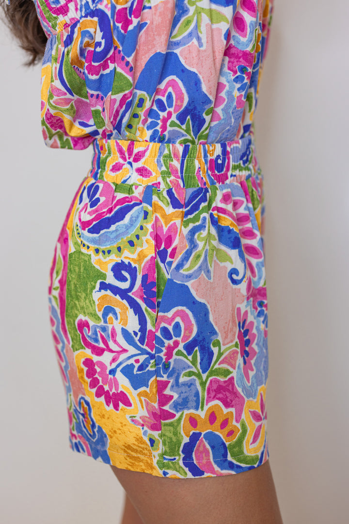 blue pink abstract printed elastic waist shorts