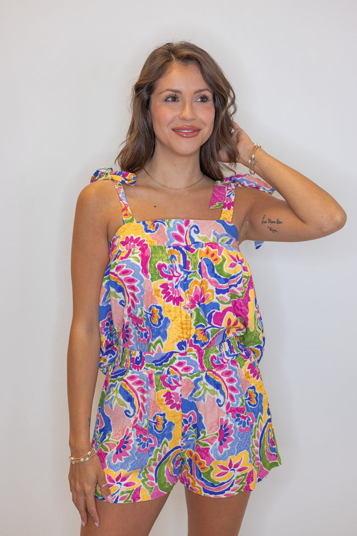 blue pink abstract printed elastic waist shorts