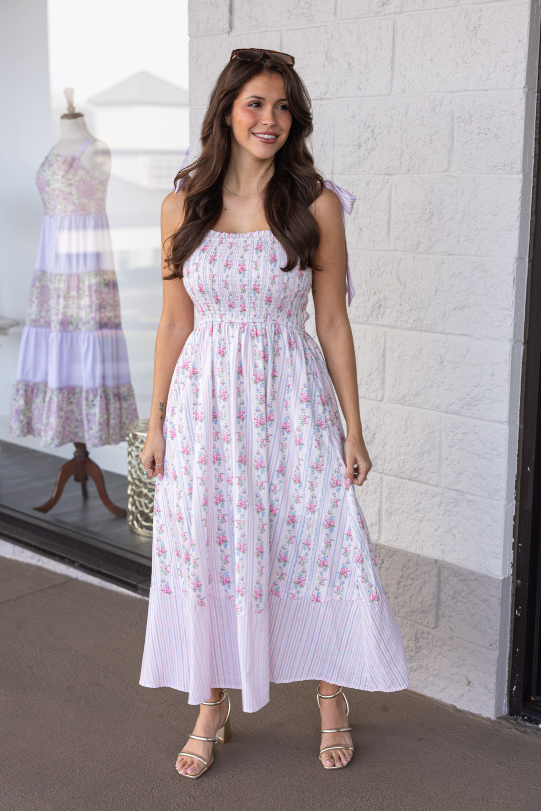 pink and blue floral and striped print sleeveless midi dress flowy skirt