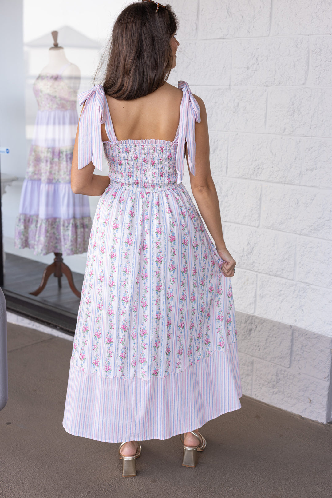 pink and blue floral and striped print sleeveless midi dress adjustable self tie straps