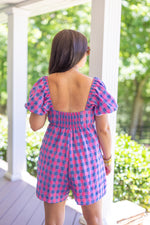 pink blue gingham checkered romper