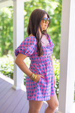 pink blue gingham checkered romper