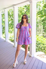 pink blue gingham checkered romper