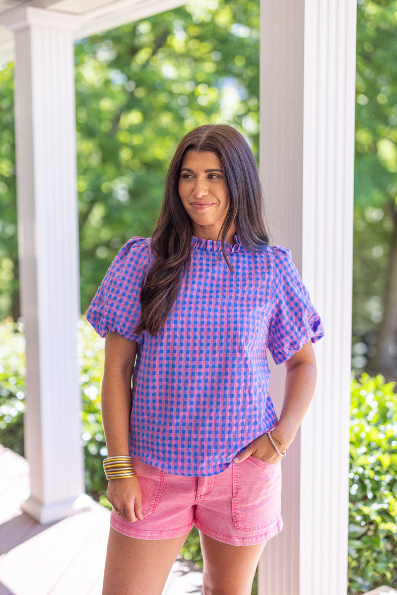 pink blue gingham dressy top