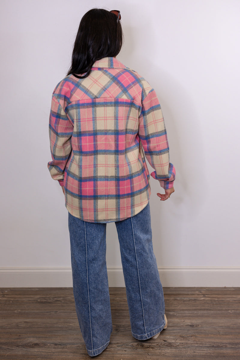 pink blue plaid fleece shacket