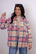 pink blue plaid fleece shacket