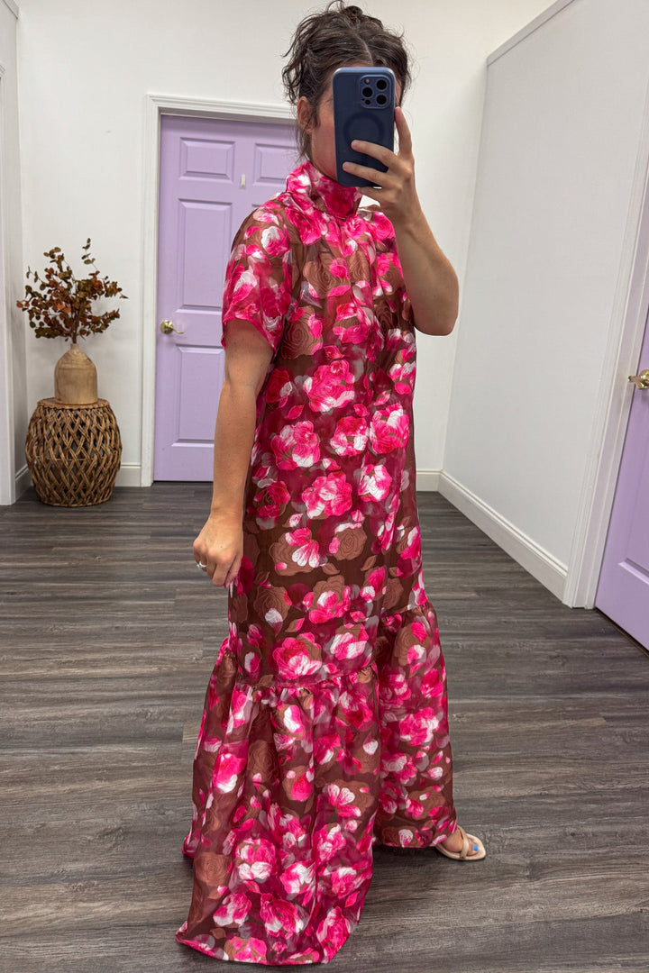 pink brown floral print maxi dress side