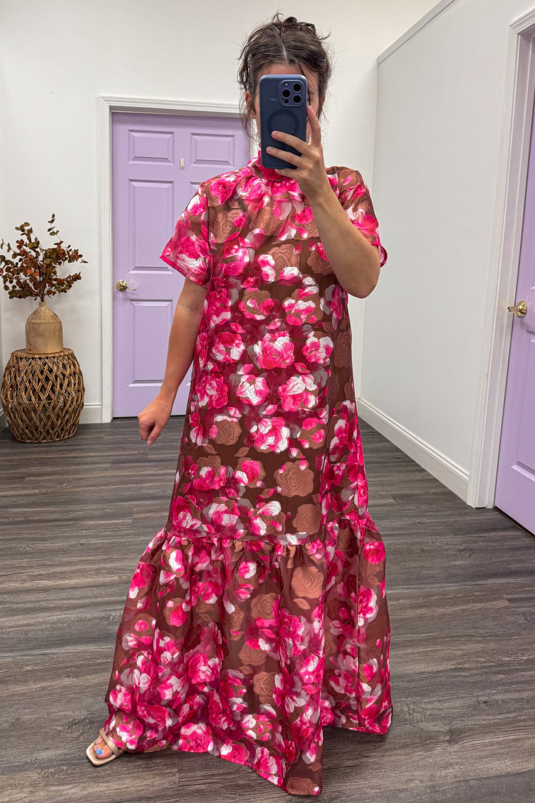 pink brown floral print maxi dress