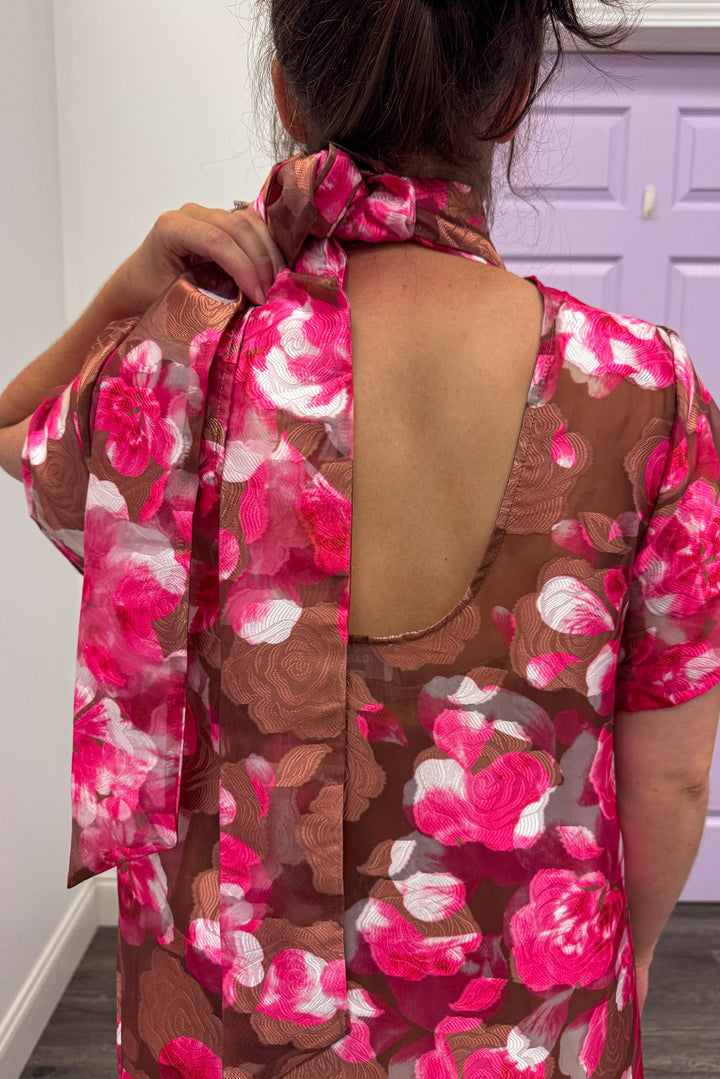 pink brown floral print maxi dress upclose