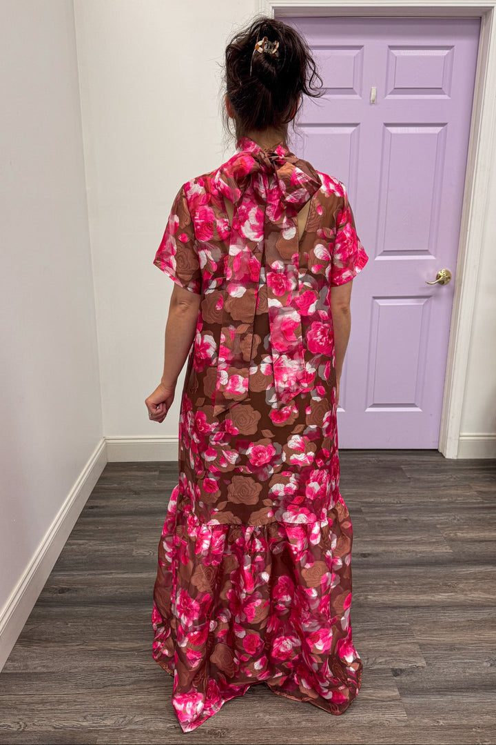 pink brown floral print maxi dress back