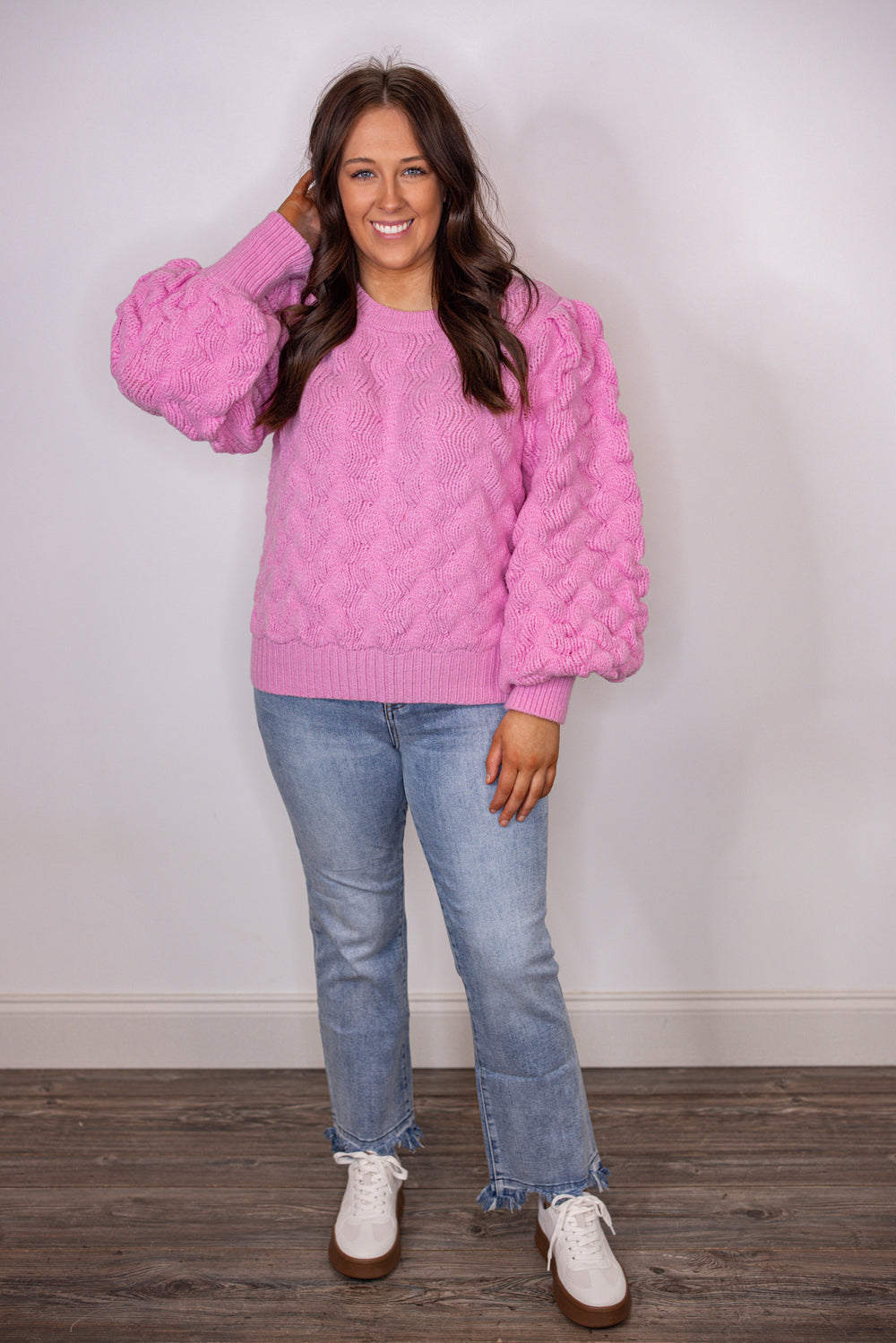 pink bubble textured knit sweater