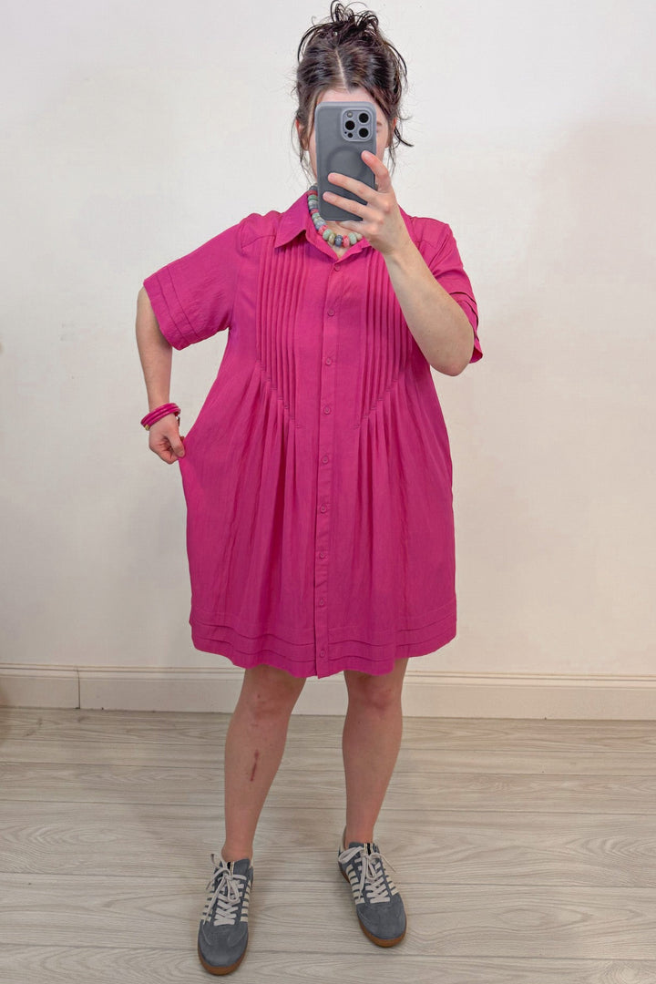 solid pink button down pintuck detail mini dress relaxed silhouette