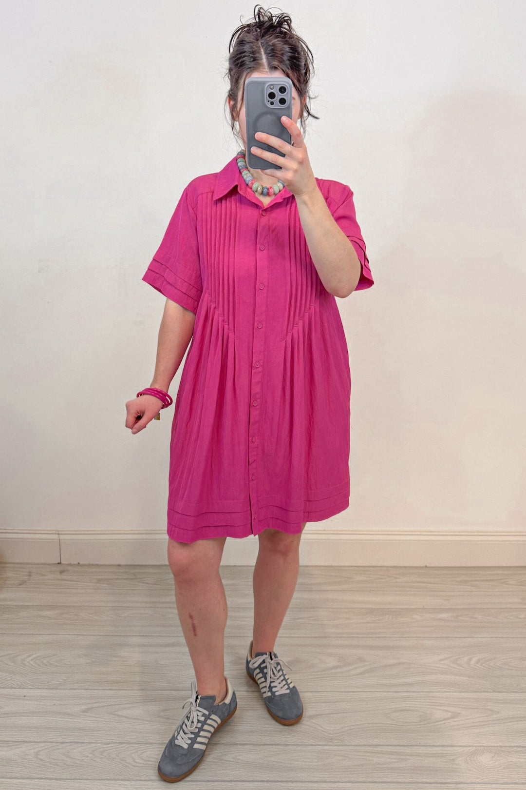 solid pink button down collared pintuck trimmed short sleeve mini dress