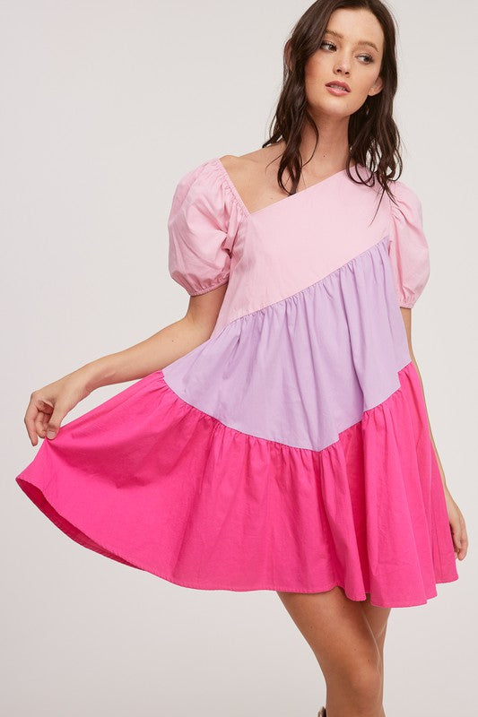 Ultramarine Pink multi colorblock asymmetrical tiered babydoll dress