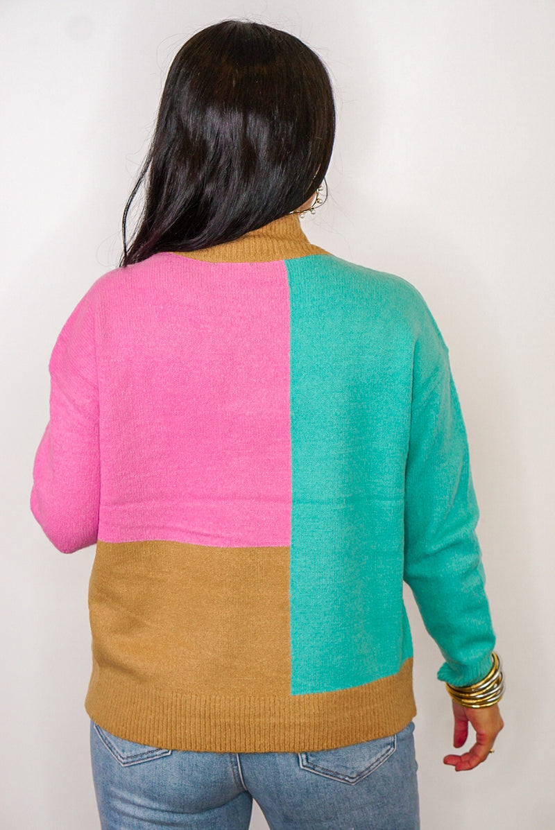 pink teal colorblock sweater