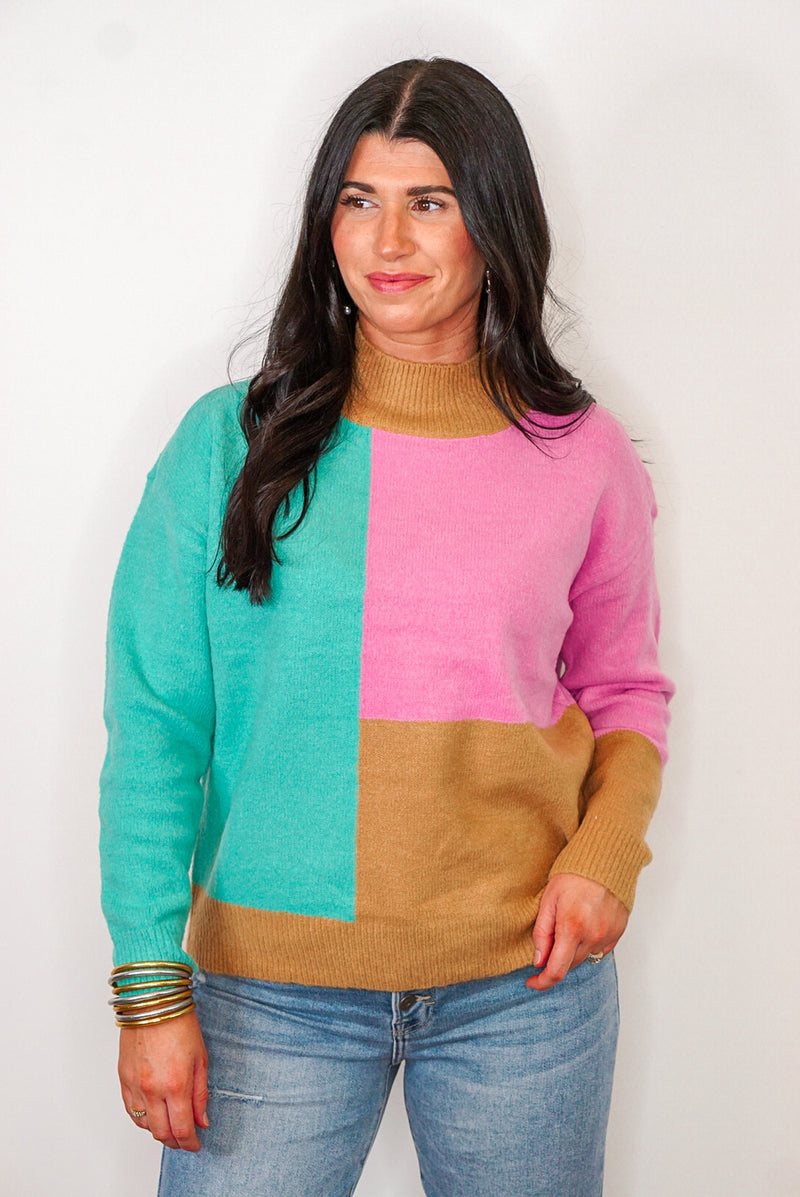 pink teal colorblock sweater