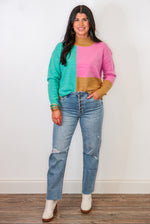 pink teal colorblock sweater