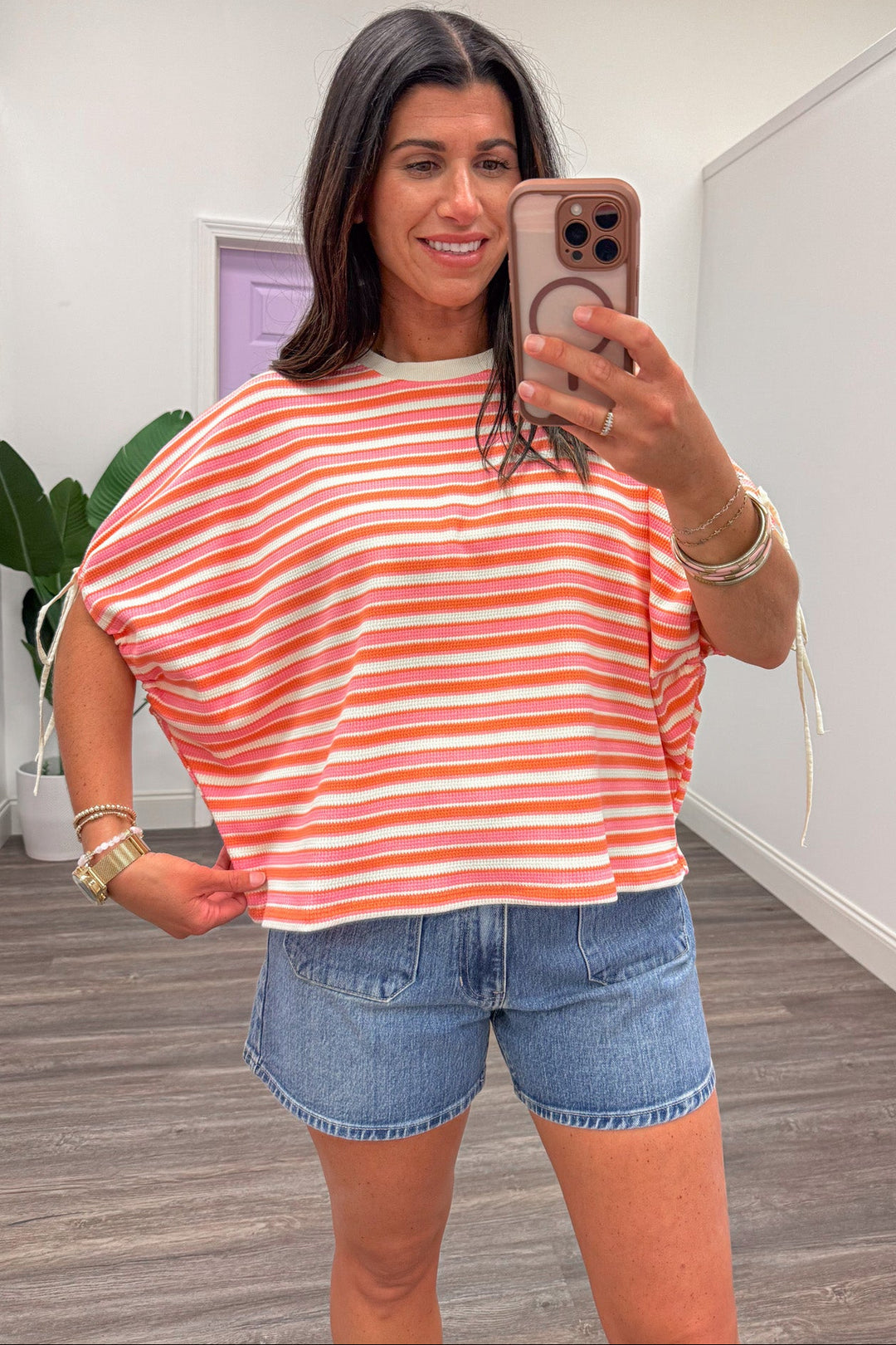 pink coral and cream striped short sleeve relaxed boxy fit knit top