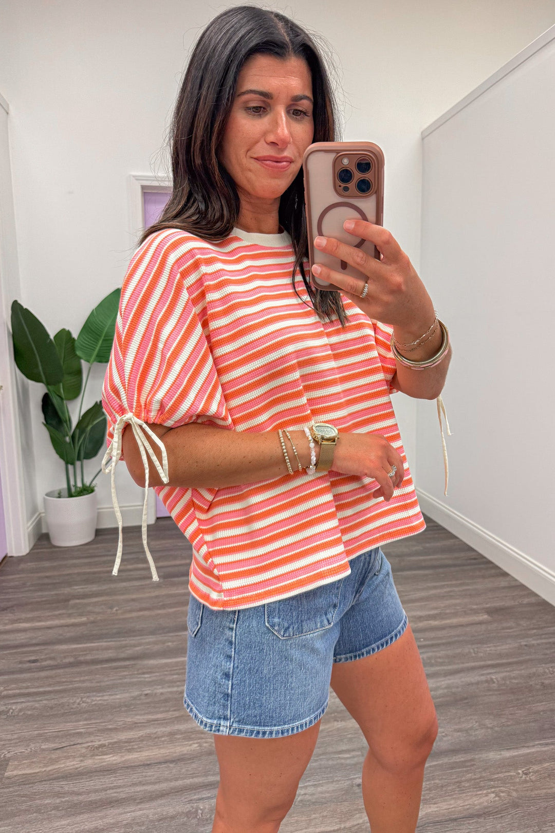pink coral and cream striped top with self tie cuffed dolman short sleeves